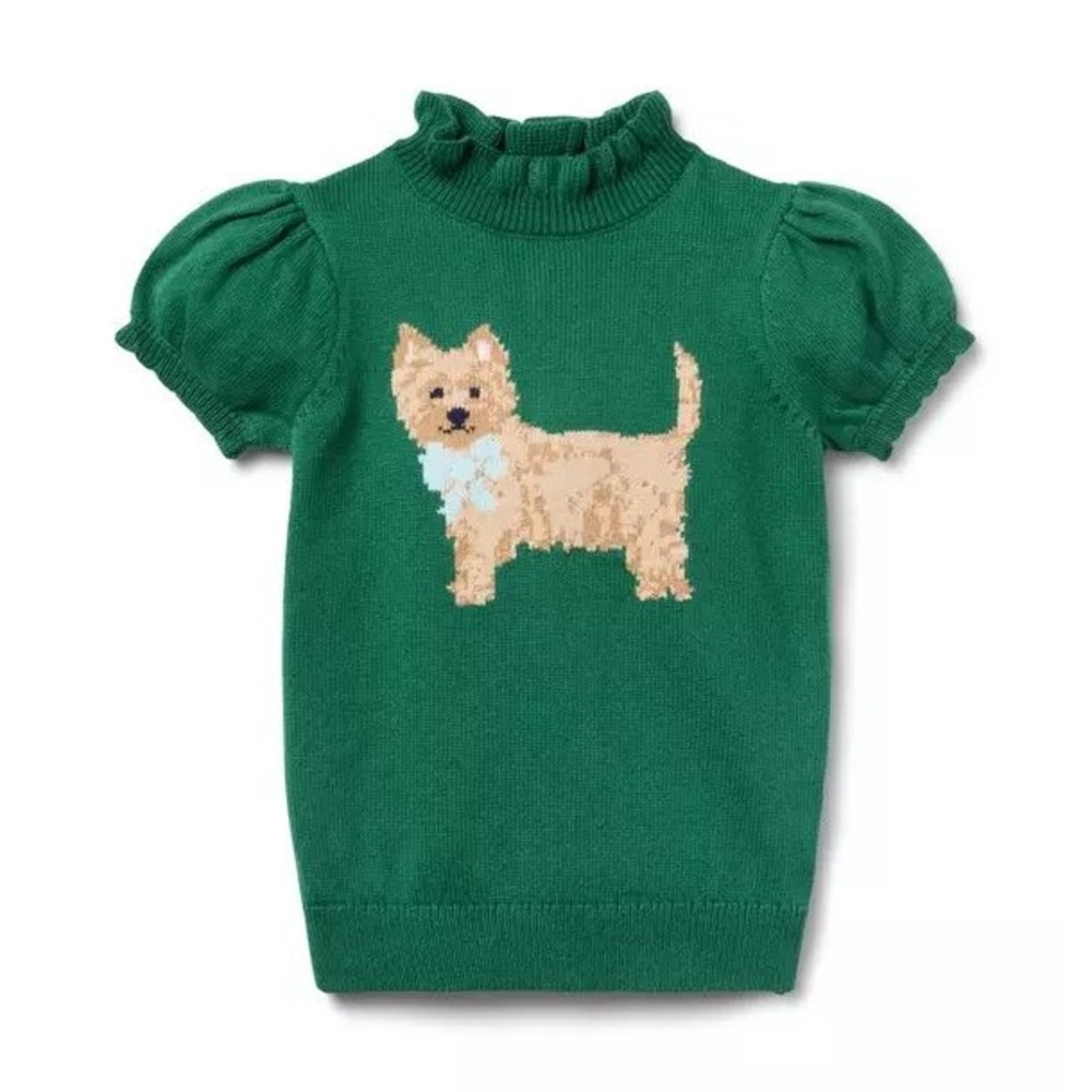 Janie and Jack Sweater Girls 7 Green Dog Intarsia Puff Sleeve Ruffle Mock Neck